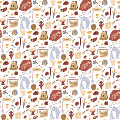 Drawing of archaeological sites. Various objects of human activity. Historical finds in a seamless texture. Suitable for educational projects, books, presentations, and historical-themed designs