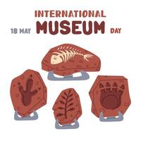International Museum Day, May 18. Fossils of prehistoric animals and plants on the stand. Flat color illustration for use in posters, articles, and social media related to science and history. Square vector