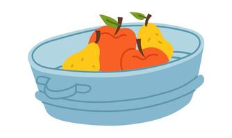 iron basin with handles for harvesting, filled with apples, pears. Flat color illustration. It suitable for packaging design, advertising, articles about gardening, farming, healthy eating, harvesting vector