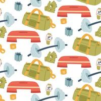 Pattern with fitness items. Stopper, dumbbells with weights, gloves, weights, and bandage. Flat color illustration in seamless texture. For posters, sportswear, apps, packaging, and blogs about health vector