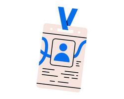 Hand drawn cute illustration of id card. Flat corporate badge with lanyard doodle. Company personal identification. Worker identity icon. Security access pass. Employee authentication. Isolated vector