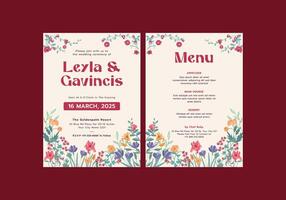 Floral wedding invitation and menu design vector