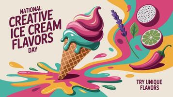 National Creative Ice Cream Flavors Day with Melting Colorful Cone vector