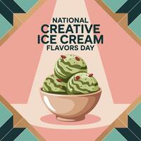 National Creative Ice Cream Flavors Day with Unique Green Scoop Bowl and Geometric Frame vector