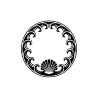Elegant Sea Motif Circular Frame with Waves Shell, Black on White. vector