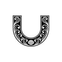 Decorative Black White Letter U with Shell Element. vector