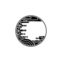 Elegant Japanese Circle Clouds, Flowers, and Waves in Black and White. vector