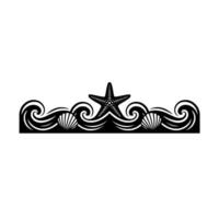 Black and White Coastal Border Starfish, Shells, Waves. vector
