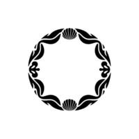 Ornate Black Leaf and Shell Circle Frame on White Background. vector