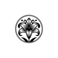 Elegant Lily Flower , Minimalist Circular Emblem in Black and White. vector