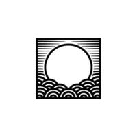 Japanese Wave Sun Minimalist Black White Frame. vector