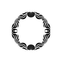 Elegant Black Circular Frame with Shell and Leaf Motifs on White. vector