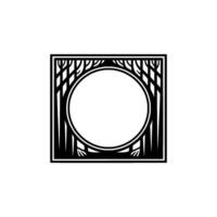 Art Deco Forest Frame with Circle - Minimalist Black and White. vector