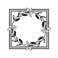 Elegant Lily Wreath Frame with Square Border in Black and White. vector
