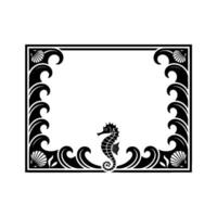 Decorative Seahorse Frame, Black and White, Coastal. vector