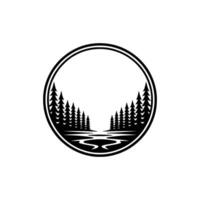 Minimalist Black White Nature Forest River in a Circle Frame. vector