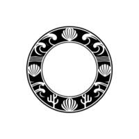 Coastal Emblem Black and White Circle Frame with Sea Shells and Waves. vector