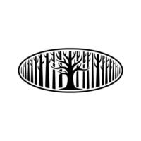 Minimalist Forest Emblem Black Trees in Oval Frame, Nature. vector