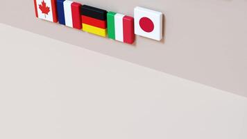 Golden sign representing G7 summit stands in front of flags from member countries including Canada, Germany, Japan, and USA. Focus highlights international collaboration and diplomacy. 3D animation. video