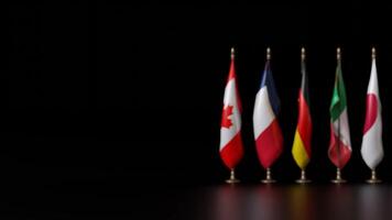 Flags of G7 member countries stand proudly in a row, showcasing diverse nations united for international collaboration and dialogue on pressing global issues. 3D animation. video