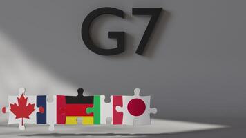 Flags of G7 nations are arranged as puzzle pieces, symbolizing unity and collaboration. The display emphasizes global partnerships and diplomatic relationships among major economies. 3D animation. video