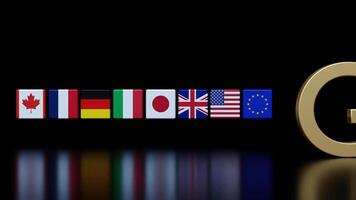 Various national flags representing G7 member countries align next to a prominent G7 emblem. The display signifies collaboration among major economies in addressing global issues. 3D animation. video