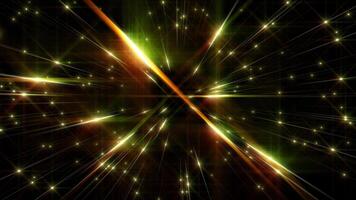 Abstract starburst, light god rays, lens flare prism light effects in space with multicolor glowing stars on a dark background. Suitable for science fiction, cosmic, or fantasy concepts. video