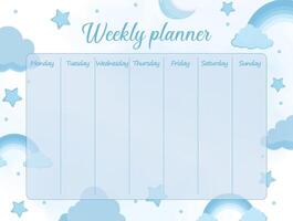 Blue weekly planner for boys with sky elements Clouds stars moon vector