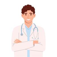 Male doctor in white coat standing with arms folded. Flat isolated illustration vector