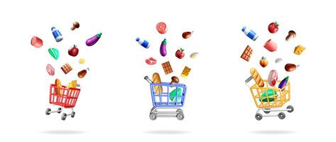 Shopping carts filled with groceries vector