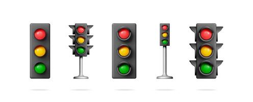 Stock collection set of 3d rendering traffic light signs. Red, yellow, green road light for transport or street control. vector