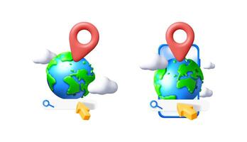 Set of 3d map pin icon and globe with search bar on white background. Travel and location searching web design element. vector