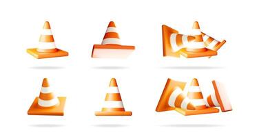 Orange and white traffic cone set. 3d warning barrier for road construction or hazard zone. UI design element collection. vector
