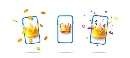 Collection of mobile phone with golden crown, coins, and confetti. Online gaming app. Leaderboard and winner concept for ui, ux. vector