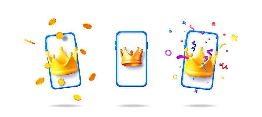 Collection of mobile phone with golden crown, coins, and confetti. Online gaming app. Leaderboard and winner concept for ui, ux.