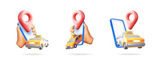 A cartoon hand holds a phone with a red map pin and a yellow taxi on the screen. Online taxi service concept. vector