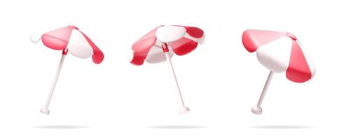 Set of 3d rendering beach umbrellas. Summer vacation and holiday parasol design element. Minimalist fun decoration for travel concept. vector