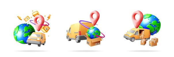 3d stock set collection for global shipping and delivery. World delivery process for logistic services. vector