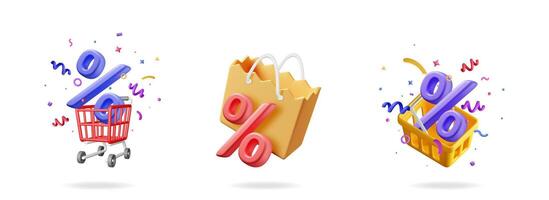3D render set of percentage sign with shopping cart, bag, and basket. Discount and sale concept for online shopping. vector