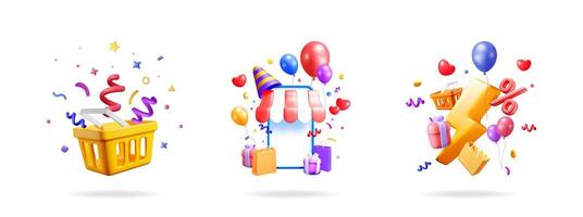 Shopping cart with confetti, online store with party hat, lightning with percent sign. Marketing promotion set. vector