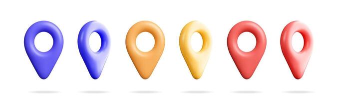 Set of 3D location pin icons in soft vibrant colors, including purple, orange, and red, for map navigation. vector