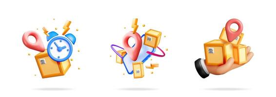 Express delivery tracking icons with map pointer, time, phone. Cargo boxes in human hand. Delivery service banner. vector