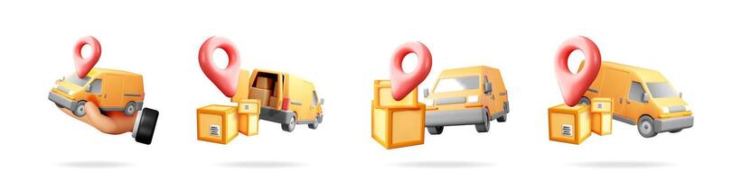 Orange delivery truck and box set with location pin. Online order and global express shipping concept for internet store service. vector