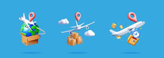 Set of three 3d illustrations portraying global express delivery, fast air cargo, and timely shipping service. vector