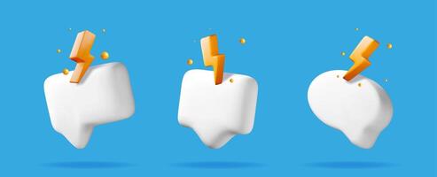 Three white 3D speech bubble icons with an orange lightning bolt symbol on a blue background, representing quick chat and fast message. vector