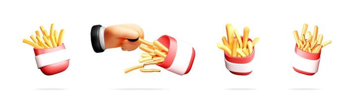 Stock set collection of 3d french fries in realistic red and white carton boxes, one hand picking up a single fry vector