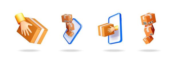 Online delivery service. Hand with a postal box. Product shipping mobile application in smartphone. Digital order fulfillment. vector