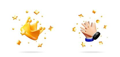Golden crown and clapping hands with flying gold stars and dots on white background. Winner concept. Award ceremony and success. vector
