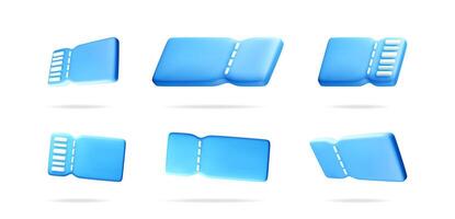 Collection of blue 3d tickets in different angles. Coupon or admission pass concept for event, cinema, travel. vector