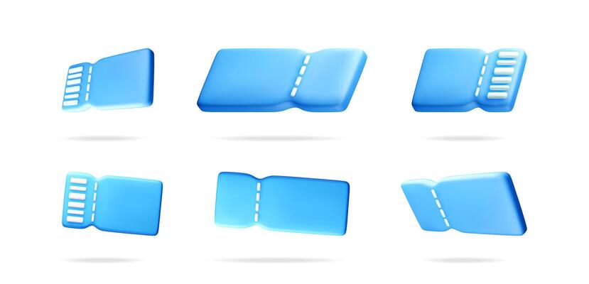 Collection of blue 3d tickets in different angles. Coupon or admission pass concept for event, cinema, travel.